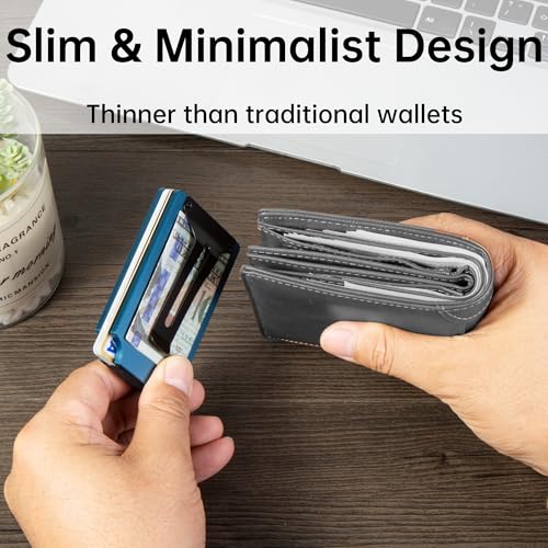 Image of Minimalist Carbon Fiber Wallet for Men, Money Clip Cash Strap Wallet, RFID Blocking Metal Wallet Aluminum Card Holder,Front Pocket Wallet(Matte Navy)