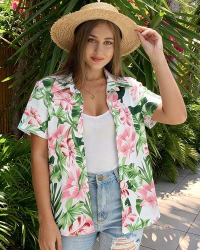 Image of Women Hawaiian Shirt Button Down Summer Tops Beach Short Sleeve Blouse