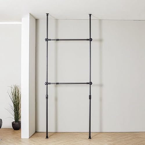 突っ張りハンガーラック ラックハンガー ハンガー -ラック ハンガーラック おしゃれ ハンガーラック 頑丈 衣類収納 衣類収納 洋服ラック 耐荷重120kg 棚付き 大容量 縦横伸縮 たっぷり収納 ワイドタイプ 工具不要 組立簡単 取外し簡単 (黒の 2
