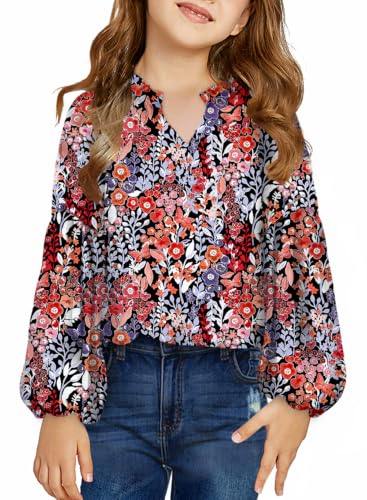 Image of blibean Girls Flower Bell Long Sleeve Blouse Fall Floral Tops 4-15 Years | Kids Flowy V-Neck Bell Long Sleeve Tops, Boho Flower Print Loose Fit Tunic, Spring Fall Cute Casual Dress Bohemian Clothes
