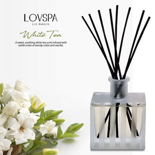 LOVSPA White Tea Reed Diffuser – Scented Sticks Set - Soothing White Tea Scent Infused with Notes of Woody Cedar and Vanilla - Air Freshener for Large Rooms - Made in The USA
