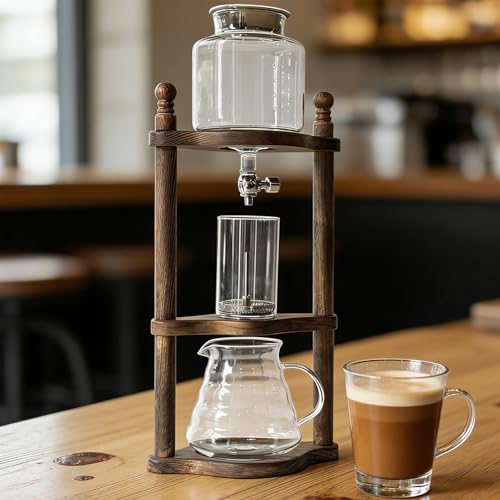 hocvseo Cafetera De Goteo En Frío, Torre para Café Frío De 600 Ml, con Válvula Ajustable, Estructura De Madera Y Vidrio Borosilicato, Tecnología De Goteo Lento, para El Hogar, La Oficina Y El Bar