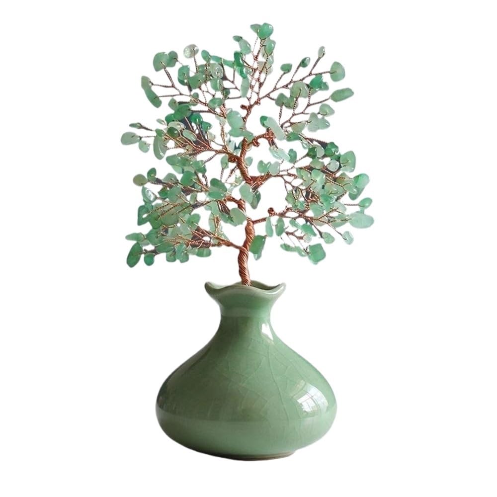 Fortune Crystal Trees Gemstone Money Tree with Ceramic Small Vase, Home Attracting Wealth Ornaments, Office Crystal Fortune(Green)