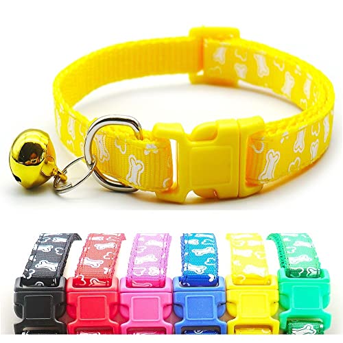 Small Dog Puppy Pet Collar White Bone Design with Bell Nylon Adjustable Size 19-32cm Yellow, XS