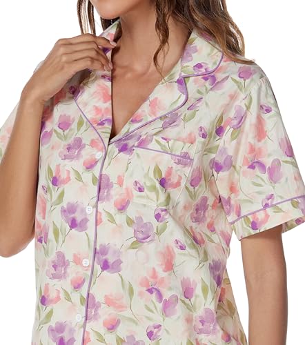 Image of LUBOT 100% Cotton Women's Pajamas Set Button-Down Two-piece PJ Set Short Sleeve Printed Patterned Summer Sleepwear Loungewear (Purple Floral, 2XL)