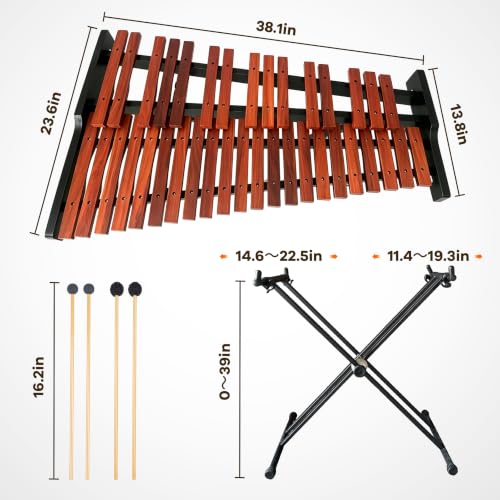 Image of 37 Note Xylophone Professional Wooden Glockenspiel, Upgraded Arched Frame for Better Resonance, with Height Adjustable Stand, 4 Mallets, Hand Bell and Carry Bag (Black)