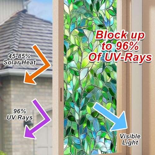 Película de Privacidad para Ventanas con Diseño de Hojas Verdes 17.7x39.3 pulg miniatura 4