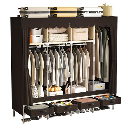 LEAIJIAFY 寝室用戸棚 ワードローブ クローゼット 吊り下げ棒と棚付き 大きなクローゼット収納ラック 衣類を吊るすための収納ラック ポータブルクローゼットワードローブ 不織布カバー付き 引き出し4個 ブラウン