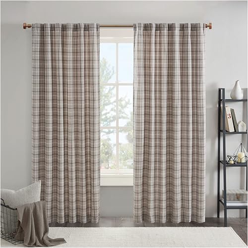 Image of Madison Park Anaheim Cabin Plaid Curtain Window, Thermal Insulated Fleece Lining, Living Room Decor Room Darkening Drape for Bedroom, 1-Single Panel Pack, 50" x 84", Rod Pocket, Brown