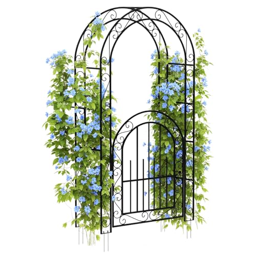 7 FT Elegant Garden Arch with Gate - Romantic Steel Wedding Arbor for Climbing Roses & Vines, Decorative Metal Archway for Lawn, Patio or Backyard, Classic Black