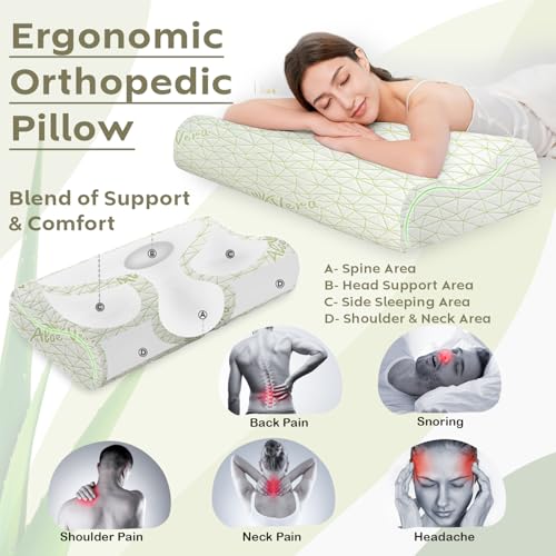 Image of AYKA Aloevera Cervical Memory Foam Pillow for Neck & Shoulder Pain Relief | Orthopedic Contour Pillow for Sleeping & Spinal Alignment | Ergonomic Support | 2-Year Warranty (Set of 2)