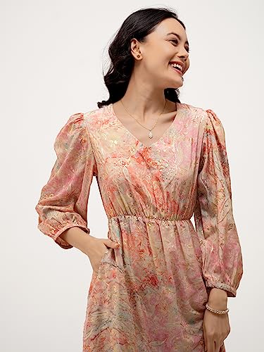 Image of AASK Abstract Printed Puff Sleeve Gathered Detailed Fit Flare Dress