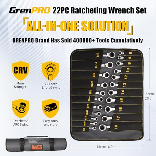 GRENPRO Ratcheting Wrench Set, Combination Wrench Set, 22-Piece SAE & Metric and Standard, 72Th Long Open End, 1/4" to 3/4" & 6-18mm, Organizer With Roll Up Pouch, CR-V Socket Mechanic Hand Tools Sets - Image 3