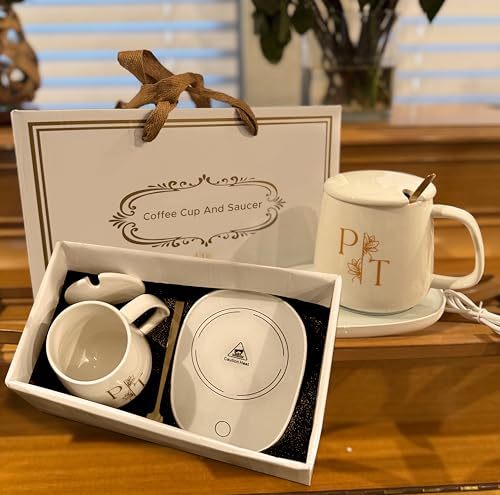 Conjunto de caneca de café inteligente com prato aquecedor e colher dourada - aquecedor de cera de vela a temperatura de 55 °C, copo de cerâmica, perfeito para mesa, casa, escritório - presente ideal