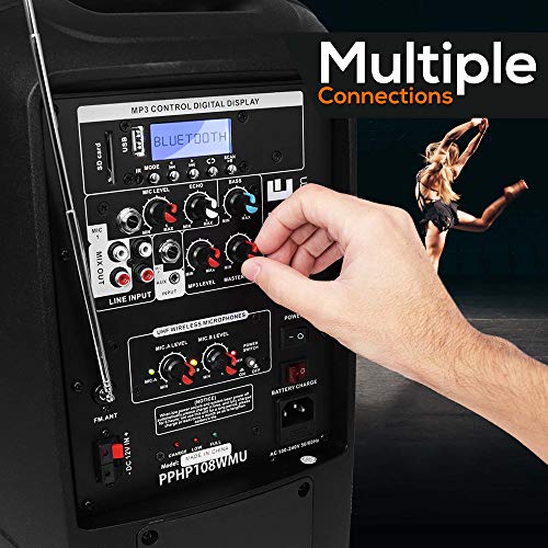 Portable Bluetooth Pa Speaker System - 2-Way Rechargeable Outdoor Bluetooth Speaker Portable Pa System W/ Microphone In, Usb Sd Card Reader, Fm Radio, Amplifier - Mic, Remote Control - Pyle Pphp108Wmu #TOP1