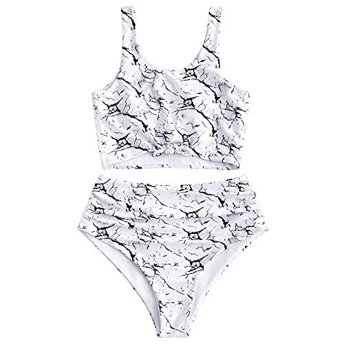 ZAFUL Women's Knotted Front Tankini Set High Waisted Bikini Scoop Neck Swimsuit Two Pieces Bathing Suit (Marble Print-White, S)