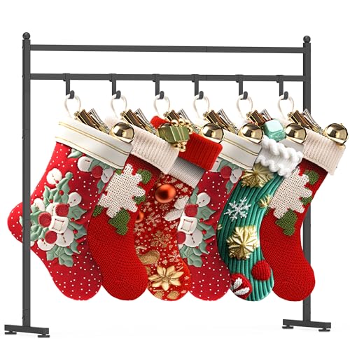 Minteem Freestanding Christmas Stocking Holder Stand with 8 Hook, Heavy Duty Metal Christmas Stocking Stand for Floor, Holiday Decor Hanger Display for Home, Display Window, Living Room