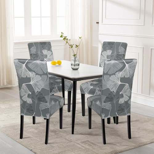 Image of SearchI Printed Dining Room Chair Covers Set of 6, Stretch Kitchen Chair Covers Washable Parsons Chair Slipcover Removable Dining Chair Protectors for Hotel,Ceremony(Ginkgo Leaf Pattern)