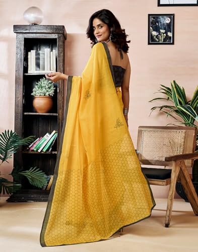 Image of SIRIL Women's Printed Chanderi Cotton One Minute Ready to Wear Saree with Unstitched Blouse Piece