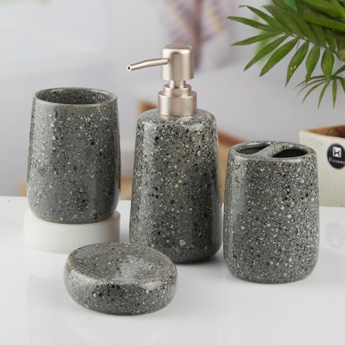 Image of Kookee Ceramic Bathroom Accessories Set 4 Piece - Soap Dispenser, Toothbrush Holder, Tumbler & Soap Dish | Modern Grey Countertop Decor for Home & Guest Bathroom (10384)