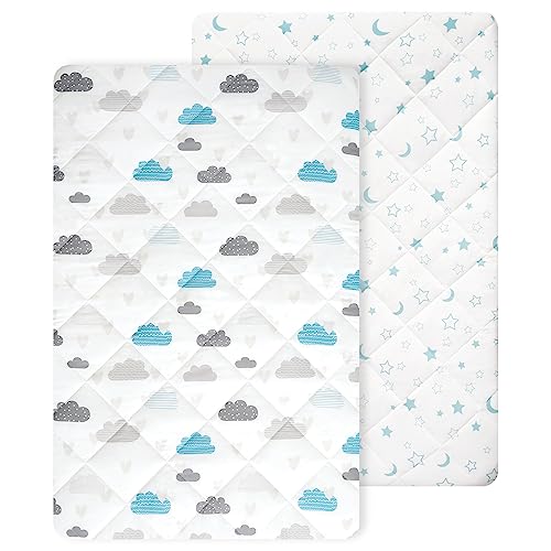 Image of TILLYOU Pack n Play Sheets Pad 2 Pack - Thick Crib Sheets Pad, Soft Quilted Sheets with 1''-5'' Deep Pocket, Breathable Fluffy Crib Mattress Pad, 39"x27"x5", Blue Clouds & Blue Stars