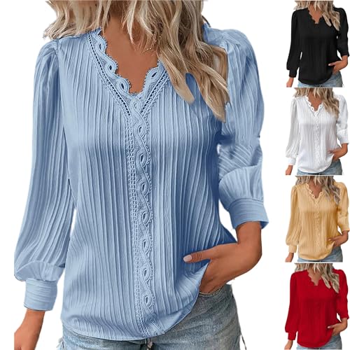KOG Gutschein Langarmshirt für Damen Langarm Shirt Einfarbige Tuniken Freizeit Baumwolle Hemd Frau Longshirt Herbst T-Shirt Teenager Mädchen V-Ausschnitt Warm Tshirts Outlet Amazon Hellblau 4XL