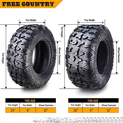 Free Country Set 6 HD 8PR Radial UTV ATV tires 25x8R12 Front & 25x11R12 Rear w/Featured Full Side Lugs/Scuff Guard
