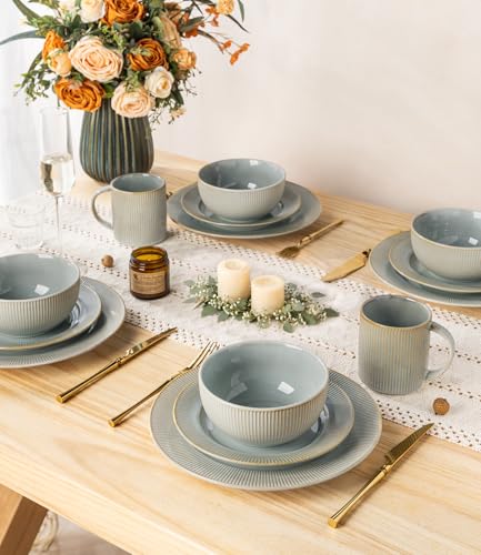 Image of TheTerra Stoneware Dinnerware Sets for 4, 12 Pieces Ceramic Plates and Bowls Sets, Scratch Resistant Embossed Dish Set, Oven, Microwave & Dishwasher Safe, Desert Sage