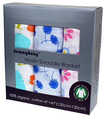 Organic Muslin Swaddle (47"X47", 3 Pack) Soft Breathable Durable Unisex Multi-Purpose Blankets 100%