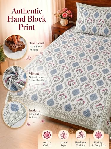 Image of Mafatlal 144 TC Heritage 100% Cotton Bedsheet for Twin Bed & Single Size Bed with Pillow Cover (90x60 inches), Jaipuri Rajasthani Design, Extra Soft & Wrinkle Free| Soft Blue