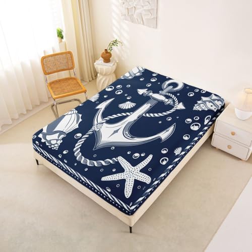 Image of jejeloiu Nautical Theme Bed Sheets Sets Full Size Kids Boys Girls Compass Anchor Decor Bedding Set Ocean Shells Starfish Bed Sheet Set with 16-Inch Deep Pockets 4Pcs with 2 Pillow Cases