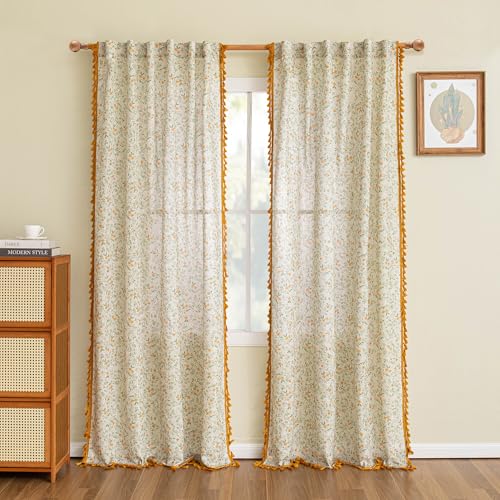 Image of MYSKY HOME Floral Boho Linen Curtains 84 Inch Long 2 Panels Set with Yellow Tassels Farmhouse Vintage Semi Sheer Bohemian Living Room Bedroom Window Curtains Rustic Country Back Tab, 50 inchW, Green Leaf