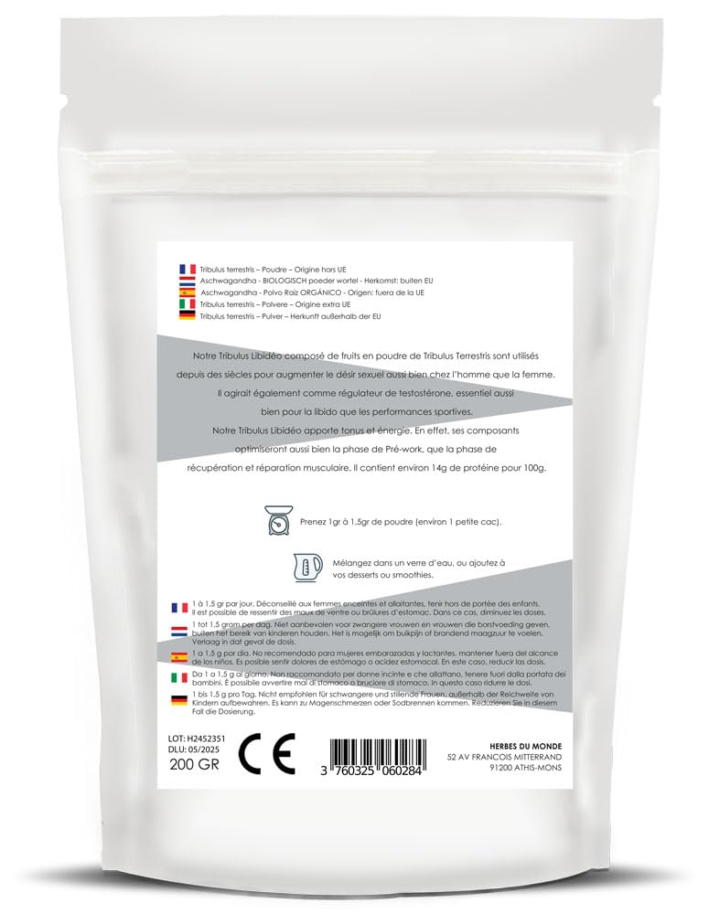 Herbes du Monde - Tribulus Libidéo 1Kg: Boost Libido & Testostérone, Sport & Énergie, Plante 100% Naturelle avec Haute Teneur en Saponines, Améliore Performance - 4 sachet