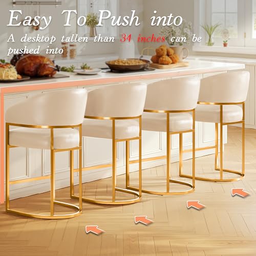 Set de 4 Butacos de Barra Modernos con Altura de Mostrador, Asiento tapizado en Cuero Sintético Beige y Estructura Metálica Dorada, Resistente hasta 480 lbs miniatura 4
