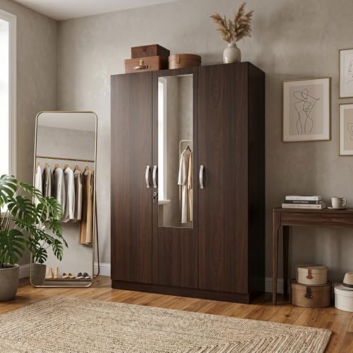 Image of HomeTown Allen Plus 3 Door Wardrobe Walnut (Brown) with Mirror | Wooden Almirah for Bedroom Storage | Modern 3 Door Closet Cabinet | Wardrobe Furniture India