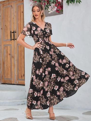 Image of Simplee Women's Boho Floral Maxi Dress Flowy Casual V Neck Short Sleeve Wedding Guest Holiday Beach Long Dress