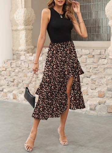 Image of Dokotoo Women's 2026 Sleeveless Spring Summer Dresses Casual Boho Crewneck Floral Boho Cocktail Party Dresses