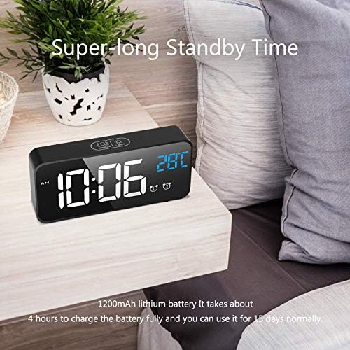 MOSUO LED Digital Alarm Clock, Rechargeable Mirror Bedside Clock with Temperature Display, Snooze, Non Ticking, Adjustable Volume & Brightness, 2 Alarms Set with 13 Music, Black