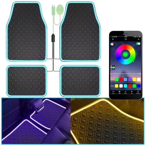 Car Floor Mats with Led Strip Light Premium Universal Fit Black Automotive Carpet Interior Car Lights Floor Mats App Control Faux Leather Anti-Slip Waterproof Neon Car Decor Accessories for SUV Etc.