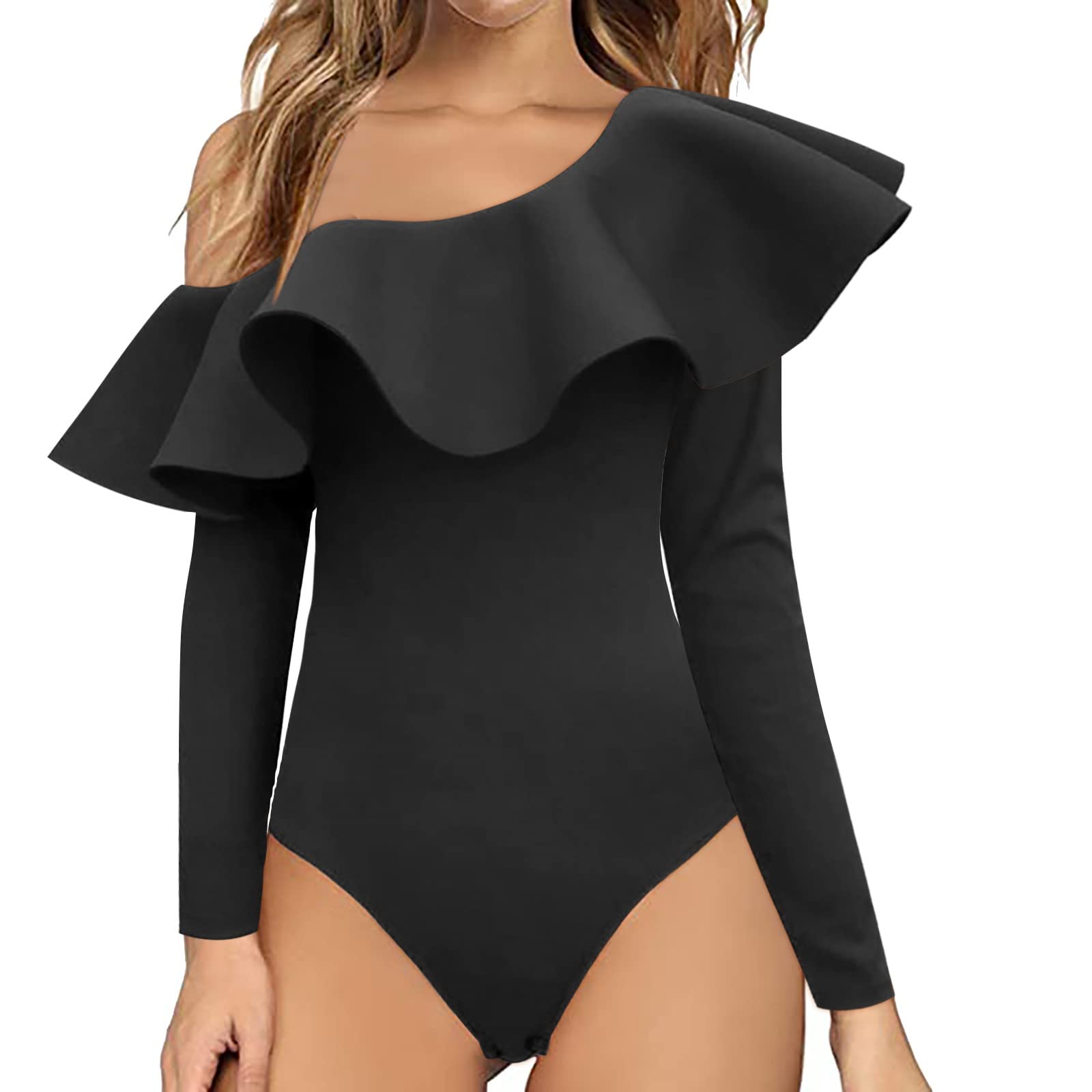 Generisch Damen Jumpsuit Onesie Damen - Schulter Rüschen Fliegen Ärmel Einfarbig Langarm Lässige Dünne Hose Mädchen