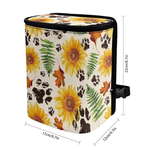 Image of Talayituse Sunflower Dog Paw Maple Leaves Print Car Trash Can with Adjustable Straps, Thanksgiving Decor Car Trash Bag Bin Car Garbage Bag Multipurpose Storage Box for Vehicle Travel Camping Picnicing