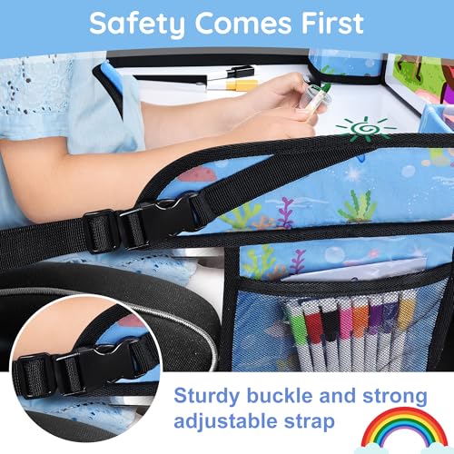 Image of Kids Travel Tray for Car Seat, Road Trip Essentials for Toddler, Carseat Lap Tray with Dry Erase Board & Storage Organizer for Activities, Bluish Violet