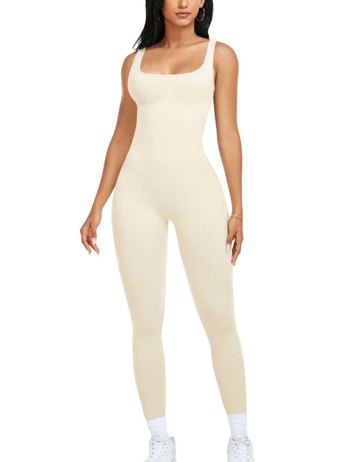 hixswnu Traje de Yoga para Mujer Mono Sexy Cuello Cuadrado Manga Larga Leggings de Longitud Completa Bodycon Stretch Ropa Deportiva,Off White,L