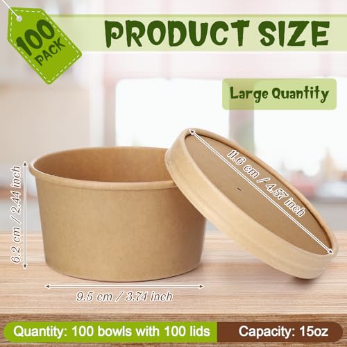 Image of Fulmoon 15 oz 100 Pack Paper Containers with Lids Soup Bowl Cup, Brown | Disposable Ice Cream Cup, Kraft Food Containers with Vented Lid Stackable for Hot Soup Dessert Cake Fruit Microwave Takeout