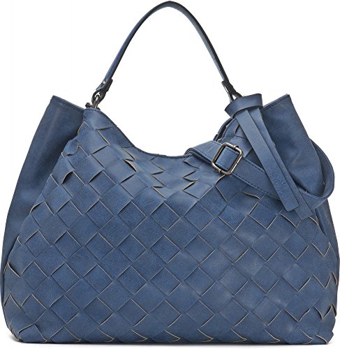 Hochwertige Damen Handtasche - Umhängetasche mit abnehmbarem Schulterriemen - Hobo Bag in Flechtoptik - 40 x 29 x 13,5 cm - Blaue Henkeltasche von MIYA BLOOM
