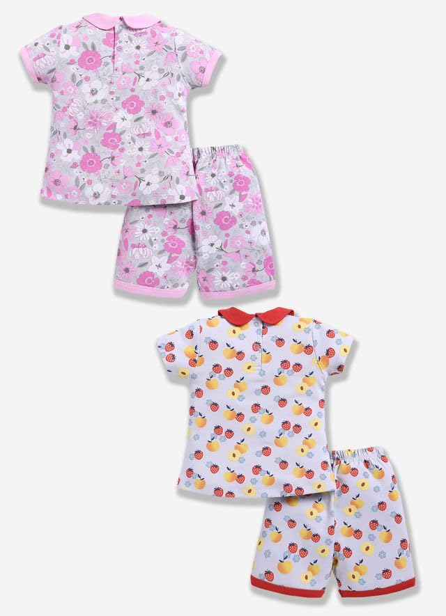 Image of Baby Girls 100% Cotton Printed Half Sleeve T-shirt & Short Summer Clothing Sets (Pack Of 2)