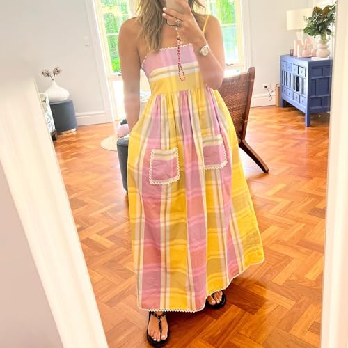 Image of Women Spaghetti Strap Flowy Long Dress Boho Floral Square Neck Maxi Dress Summer A-Line Dresses for Beach Vacation