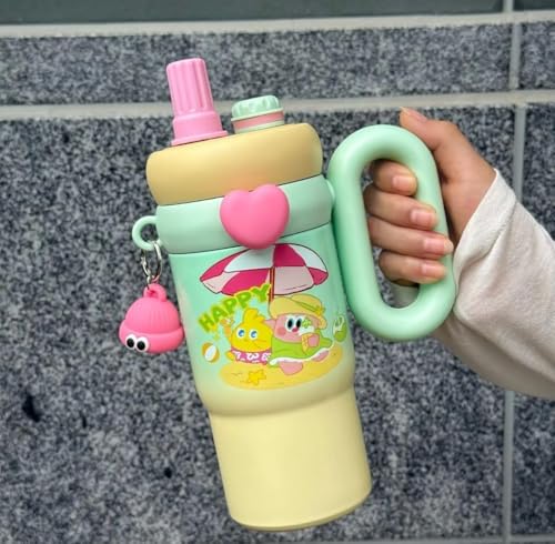 Image of Fancy Kitchen Cartoon Kids Tumbler - 850ml Stainless Steel Double-Walled Travel Mug - Leak-Proof, BPA-Free with Straw - Perfect for School & Outdoor Use. (Happy Green)