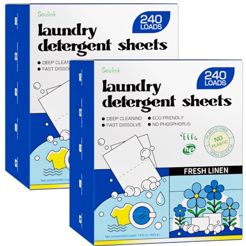 Image of Soulink Laundry Detergent Sheets, 480 Loads (2 Pack) - Eco-Friendly, Plant-Based, Hypoallergenic, No Plastic Jug, Fresh Linen Scent
