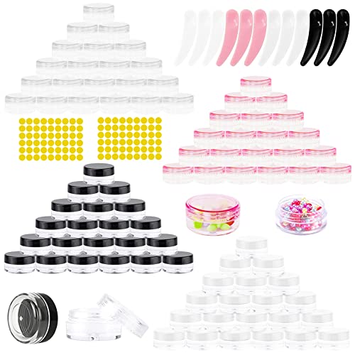 RUIJIE 100 Piezas Tarros de Plástico 5g/5ml Contenedores Cosmético de Viaje Envases de Vacío Pequeños Transparente con Tapas, Mini Espátulas y Etiquetas Adhesivas para Cosmética Crema Muestra Polvo